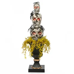 Discount 32 in. Halloween Skull Tower with Spiders Tabletop Decoration in a Black Urn Indoor Decorations