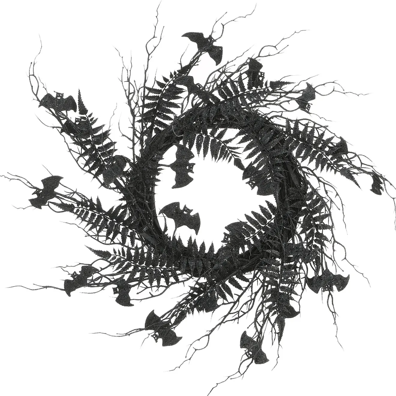 New 24 in. Halloween Spooky Wreath with Bats, Fern Leaves, Branches Wreaths