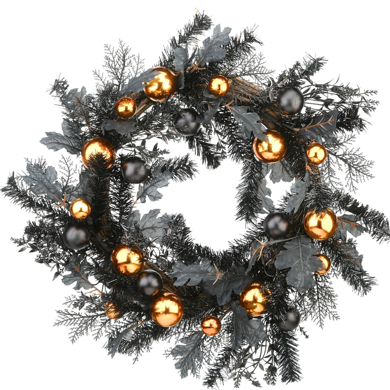Outlet 24 in. Halloween Spooky Wreath with Black and Orange Ball Ornaments, Leaves Wreaths