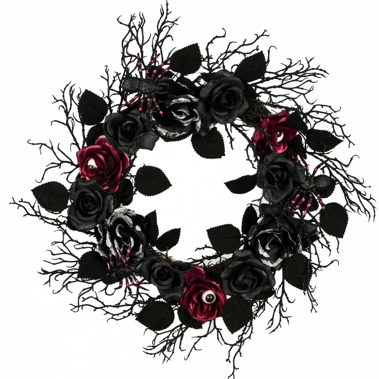 Best 22 in. Halloween Spooky Wreath with Roses, Leaves, Thorny Branch Base Wreaths