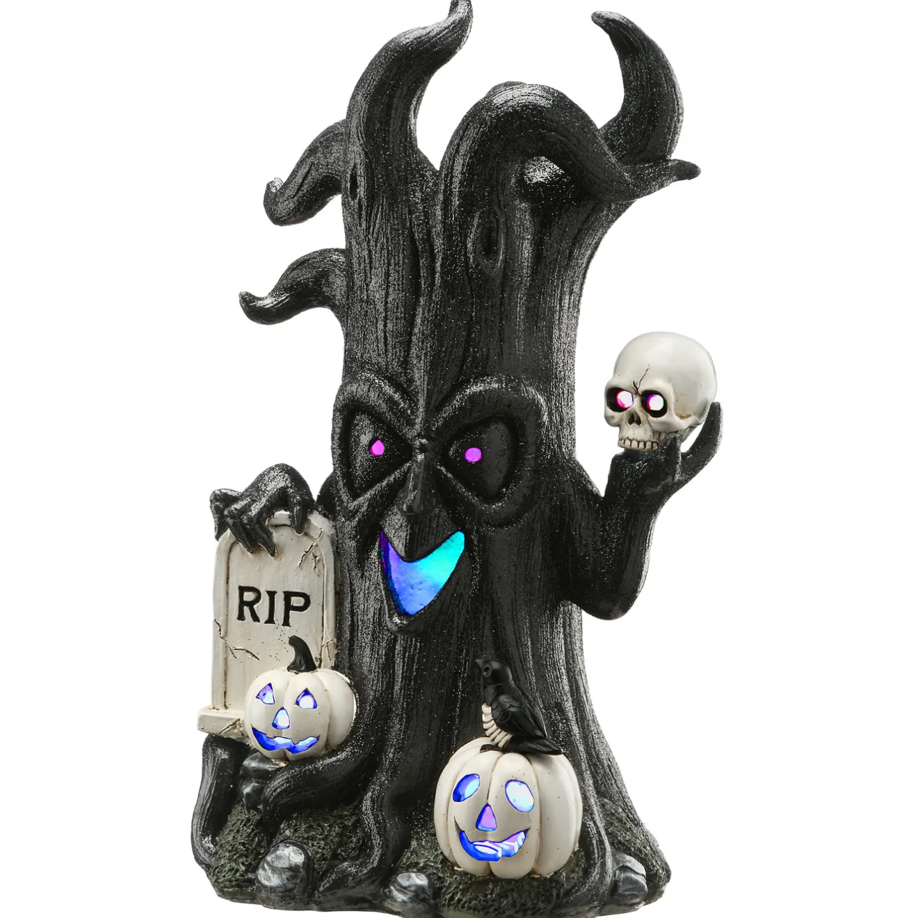 Hot 15 in. Halloween Tree Holding Skull and RIP Tombstone with LED Lights Indoor Decorations