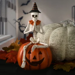 Online 12 in. Halloween Trick or Treat Skeleton on Jack O Lantern with LED Lights Indoor Decorations