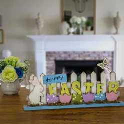 Online 16 in. Happy Easter Picket Fence Table Decoration, Designed with Painted Eggs and Butterfly Table Decorations