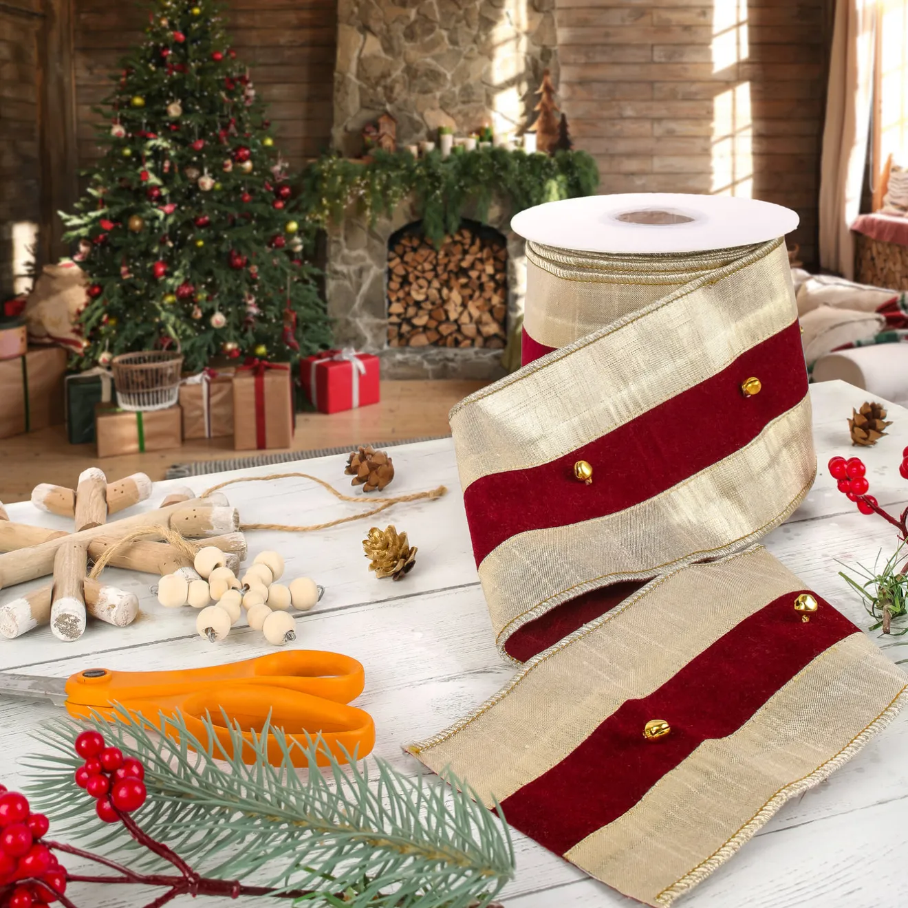 Discount 3 in. HGTV Home Collection Double-Fused Sleigh Bell Ribbon Tree Ribbons