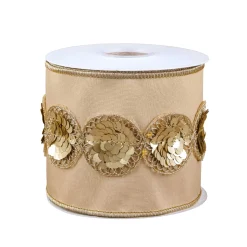 Online 4 in. HGTV Home Collection Sequin Beaded Taffeta Ribbon, Beige Tree Ribbons
