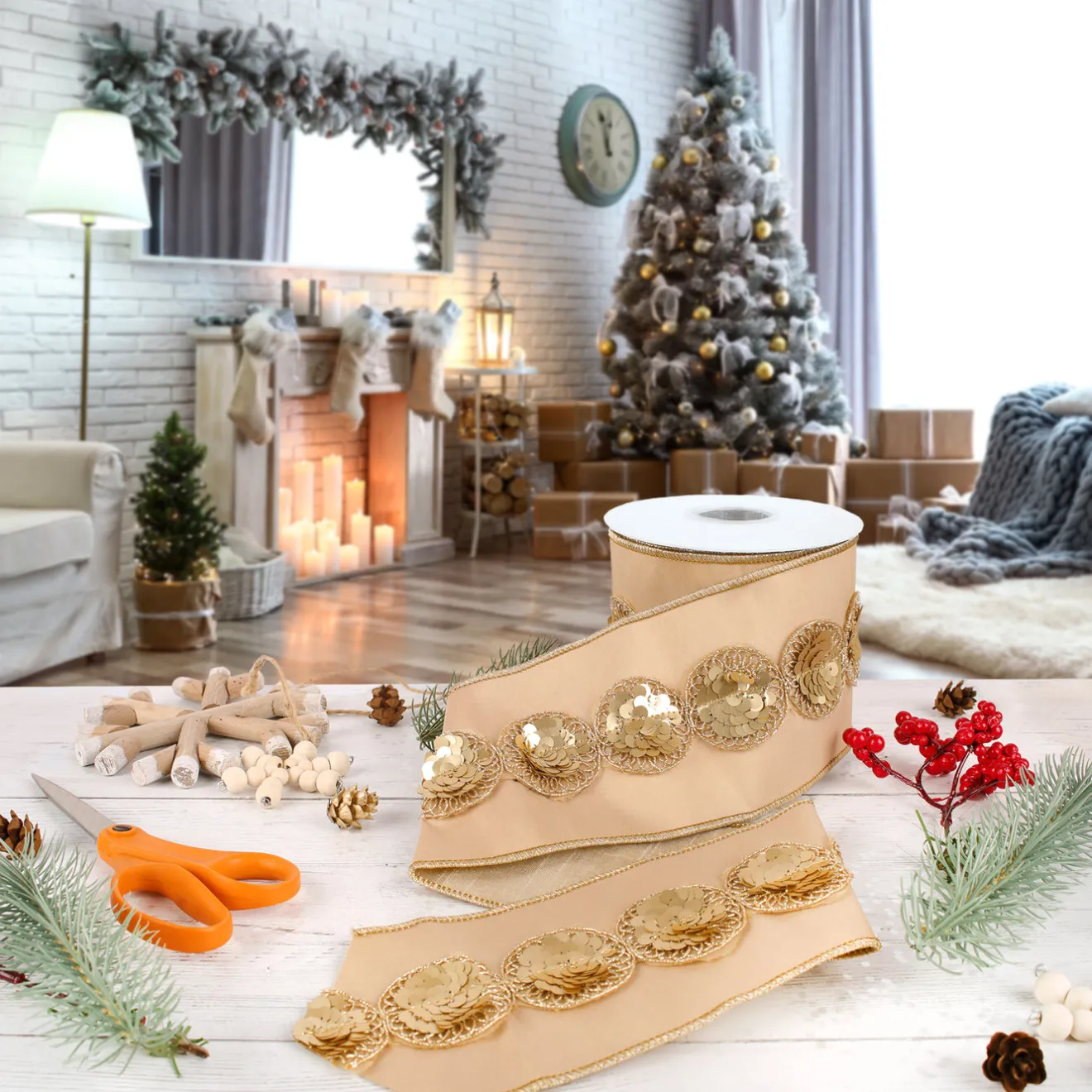 Online 4 in. HGTV Home Collection Sequin Beaded Taffeta Ribbon, Beige Tree Ribbons