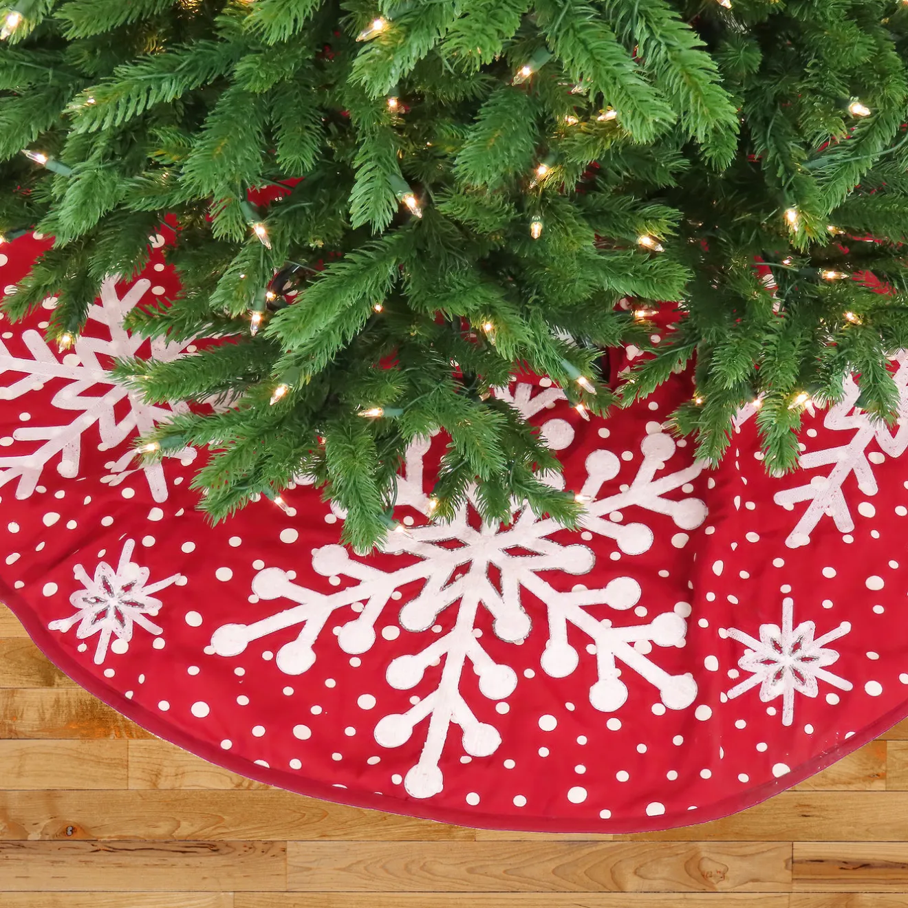 Discount 52 in. HGTV Home Collection Red Tree Skirt with Snowflake Embroidery and White Dots Tree Skirts & Collars