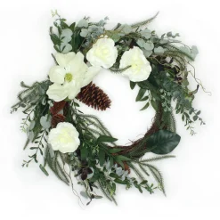 Best 26 in. Mixed Greens and White Flowers Decorated Wreath Unlit Christmas Wreaths|25-36 Inch Christmas Wreaths