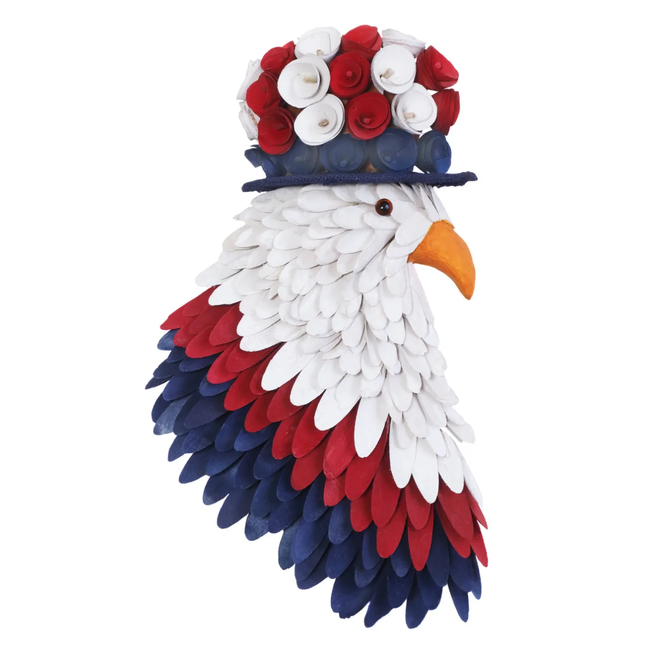New 14 in. Patriotic Hanging Eagle Decoration with Red White and Blue Wood Cuts and Flower Blooms Wreaths