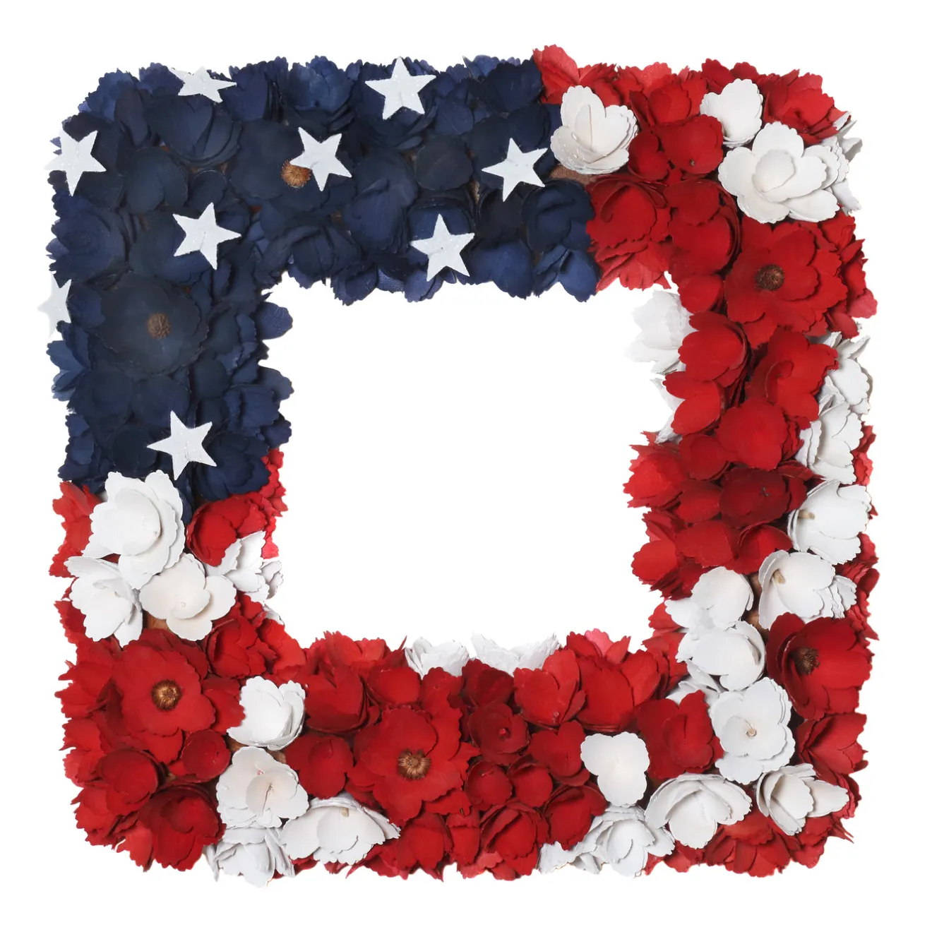 Discount 22 in. Patriotic Hanging Square Wreath with Red White and Blue Flowers Stars Wreaths