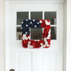 Discount 22 in. Patriotic Hanging Square Wreath with Red White and Blue Flowers Stars Wreaths