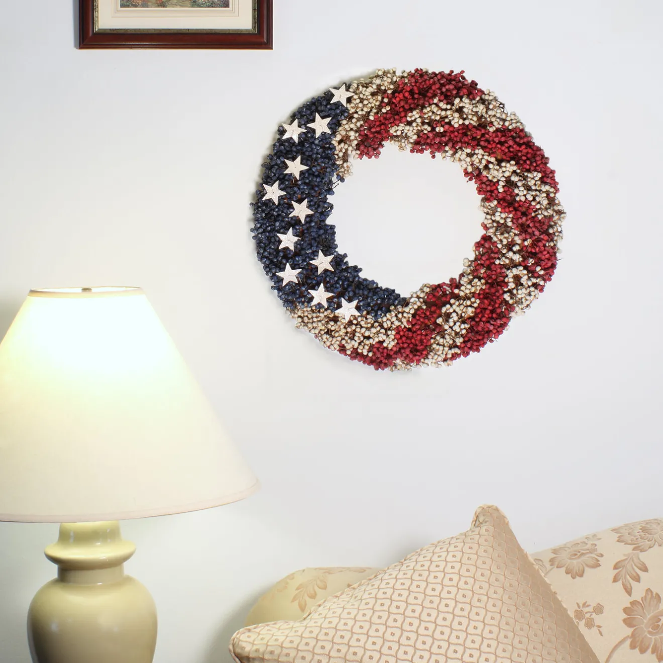 New 19 in. Patriotic Wreath with Red White and Blue Berry Clusters White Stars Wreaths
