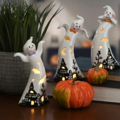 Best 7 in. 3-Piece Halloween Three Dancing Ghosts Ceramic Decoration with LED Lights Indoor Decorations