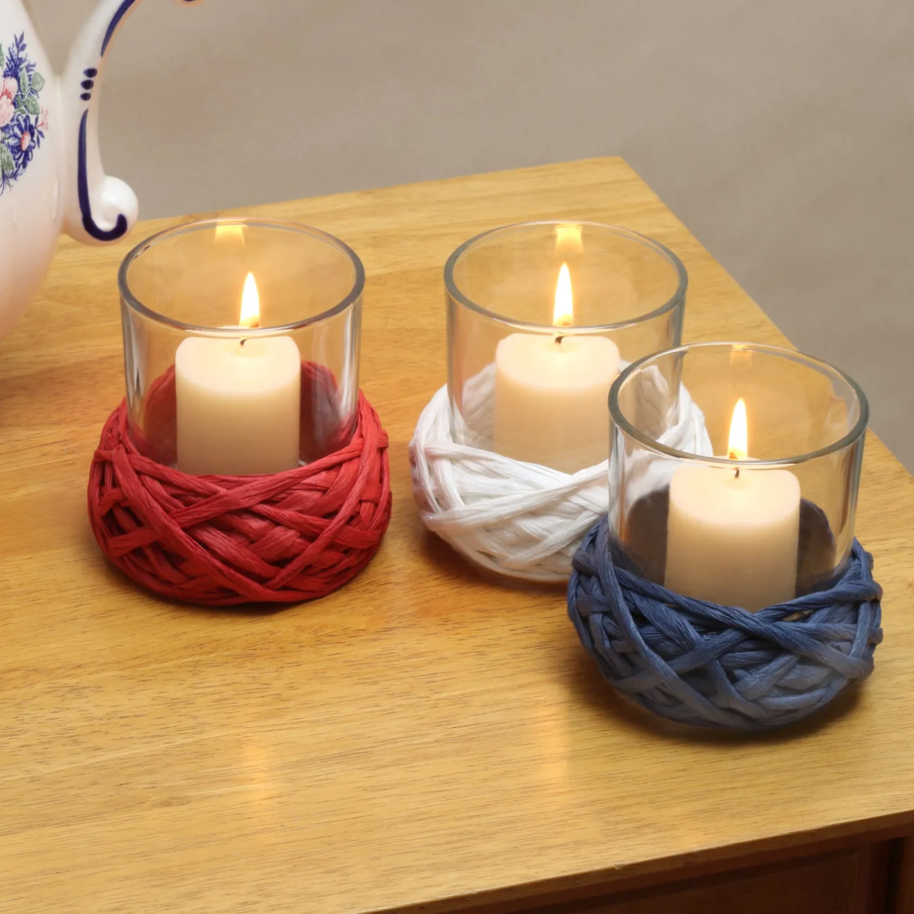 Discount 3.5 in. 3-Piece Patriotic Candleholders Decorated with Red White and Blue Thread Decorations