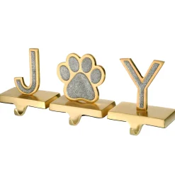 Hot 5 in. 3-Piece Silver Sparkle JOY Christmas Stocking Holders, Silver and Gold with Paw Print Decorative Accents