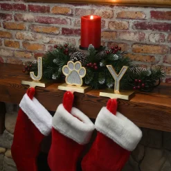 Hot 5 in. 3-Piece Silver Sparkle JOY Christmas Stocking Holders, Silver and Gold with Paw Print Decorative Accents