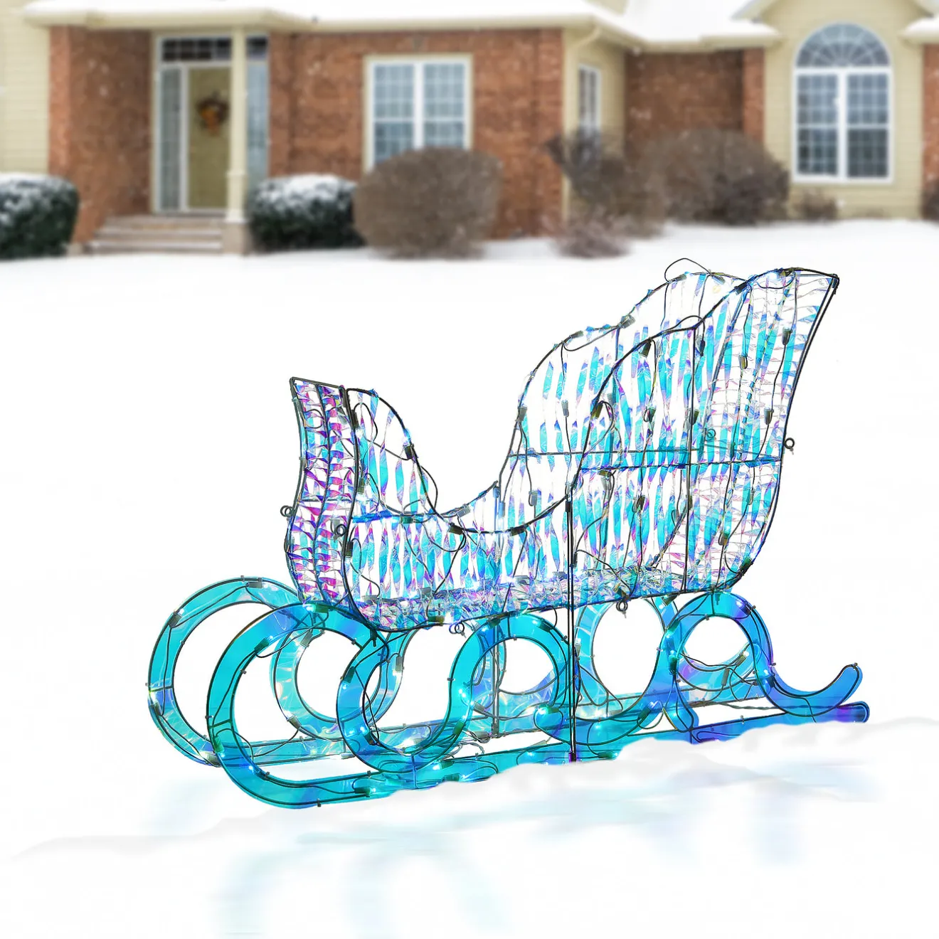 26 in. Pre Lit Iridescent Santa Sleigh Decoration, Strung with 105 Cool White LED Lights Yard Decorations