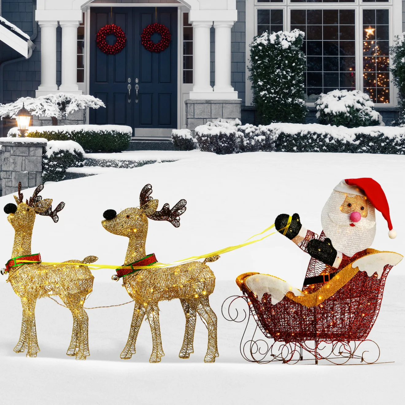 Outlet 33 in. Pre Lit Santa and Reindeer Decoration, with Warm White LED Lights Yard Decorations