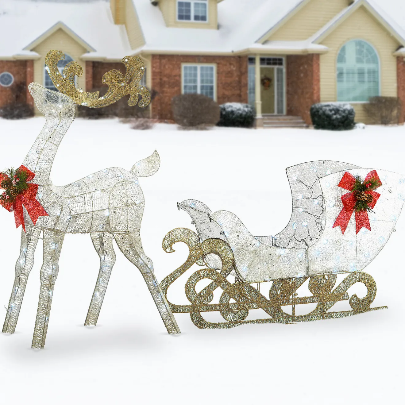 Outlet 48 in. Pre Lit Sisal Reindeer and Sleigh Decoration with Cool White LED Lights Yard Decorations