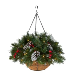 20 in. Pre-Lit Frosted Berry Hanging Basket with LED Lights Hanging Baskets