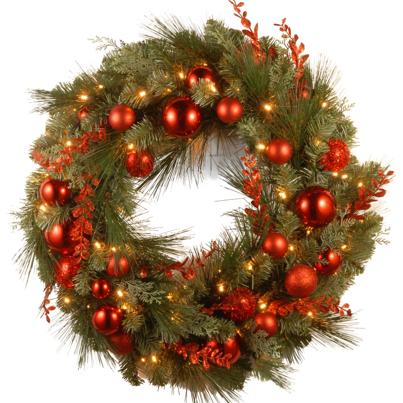 Discount 24 in. Pre-Lit Decorative Collection Red Mixed Wreath with Warm White LED Lights Pre-Lit Christmas Wreaths|21-24 Inch Christmas Wreaths
