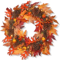 Outlet 24 in. Pre-Lit Fall Wreath with Gourds, Pinecones, Maple Leaves, Berry Clusters and Lights Wreaths