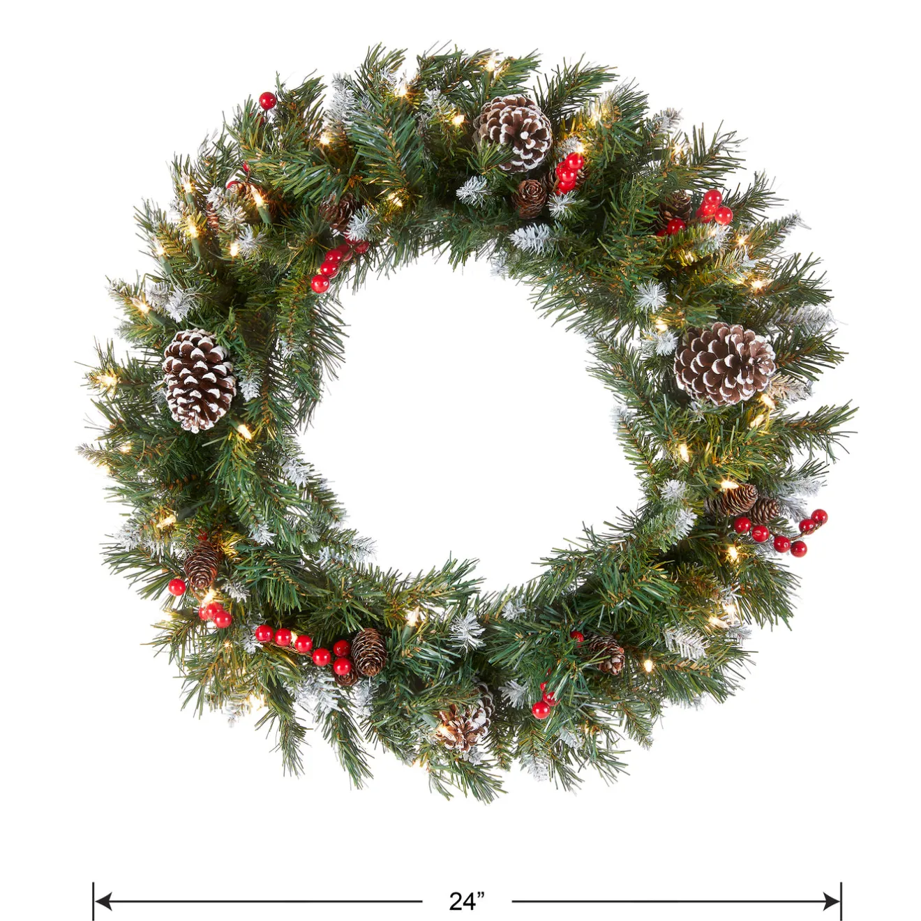 Clearance 24 in. Pre-Lit Frosted Berry Wreath with Clear Lights, Plug-In Pre-Lit Christmas Wreaths|21-24 Inch Christmas Wreaths