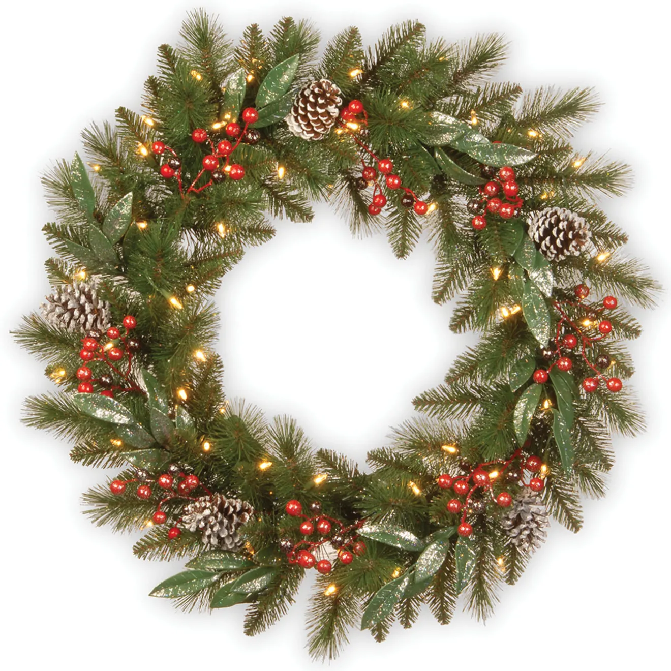 Best 30 in. Pre-Lit Frosted Pine Berry Wreath with LED Lights Pre-Lit Christmas Wreaths|25-36 Inch Christmas Wreaths