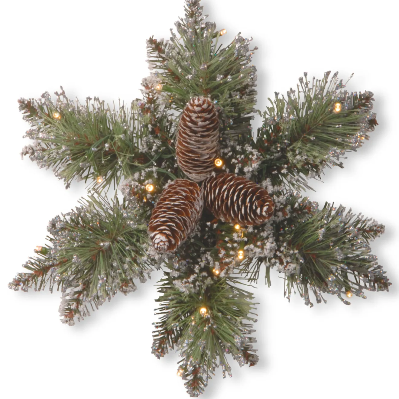 Hot 14 in. Pre-Lit Glittery Bristle Pine Snowflake with Warm White LED Lights Pre-Lit Christmas Wreaths