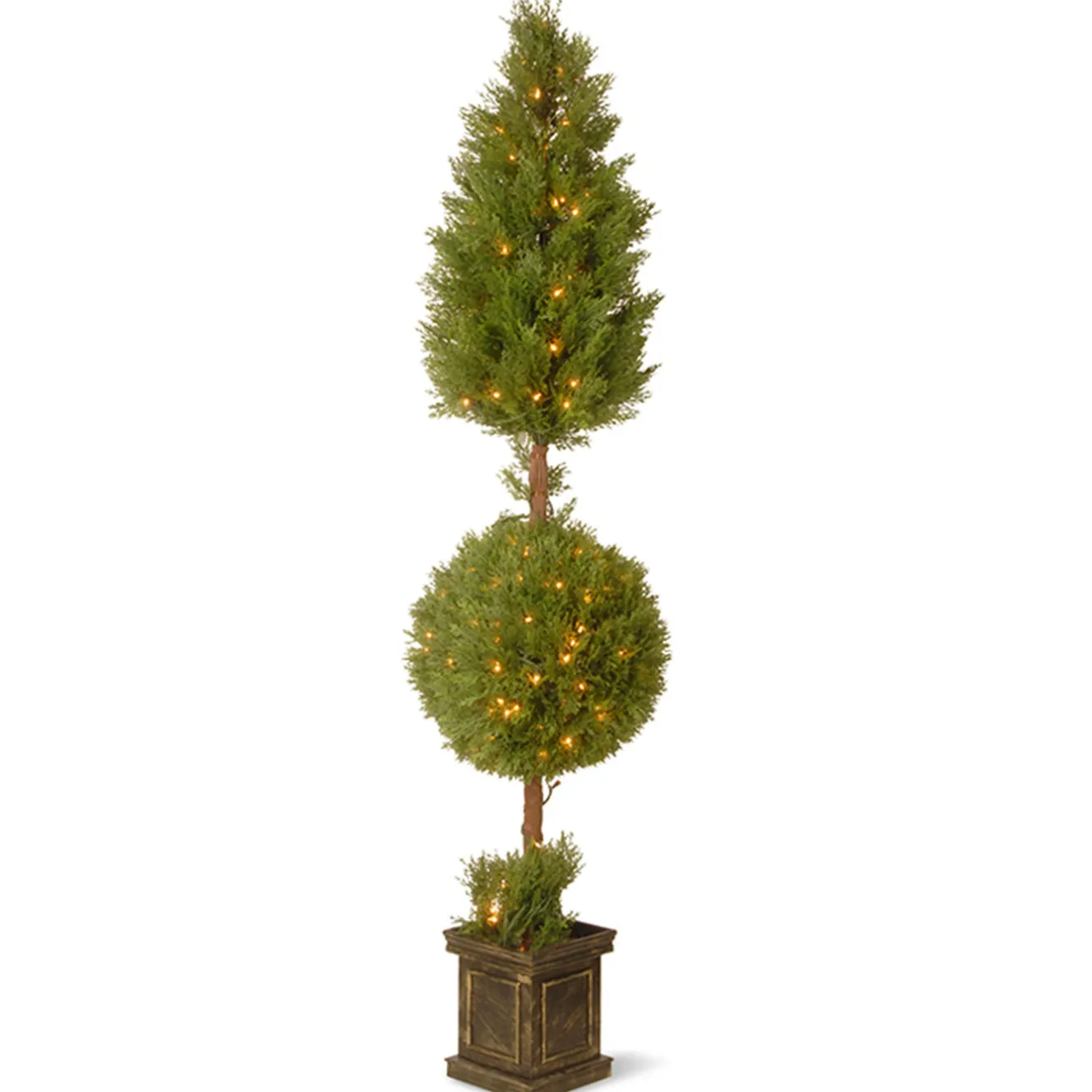 Best 72 in. Pre-Lit Juniper Cone and Ball Topiary Tree in a Black Square Pot with Clear Lights Topiaries & Shrubs