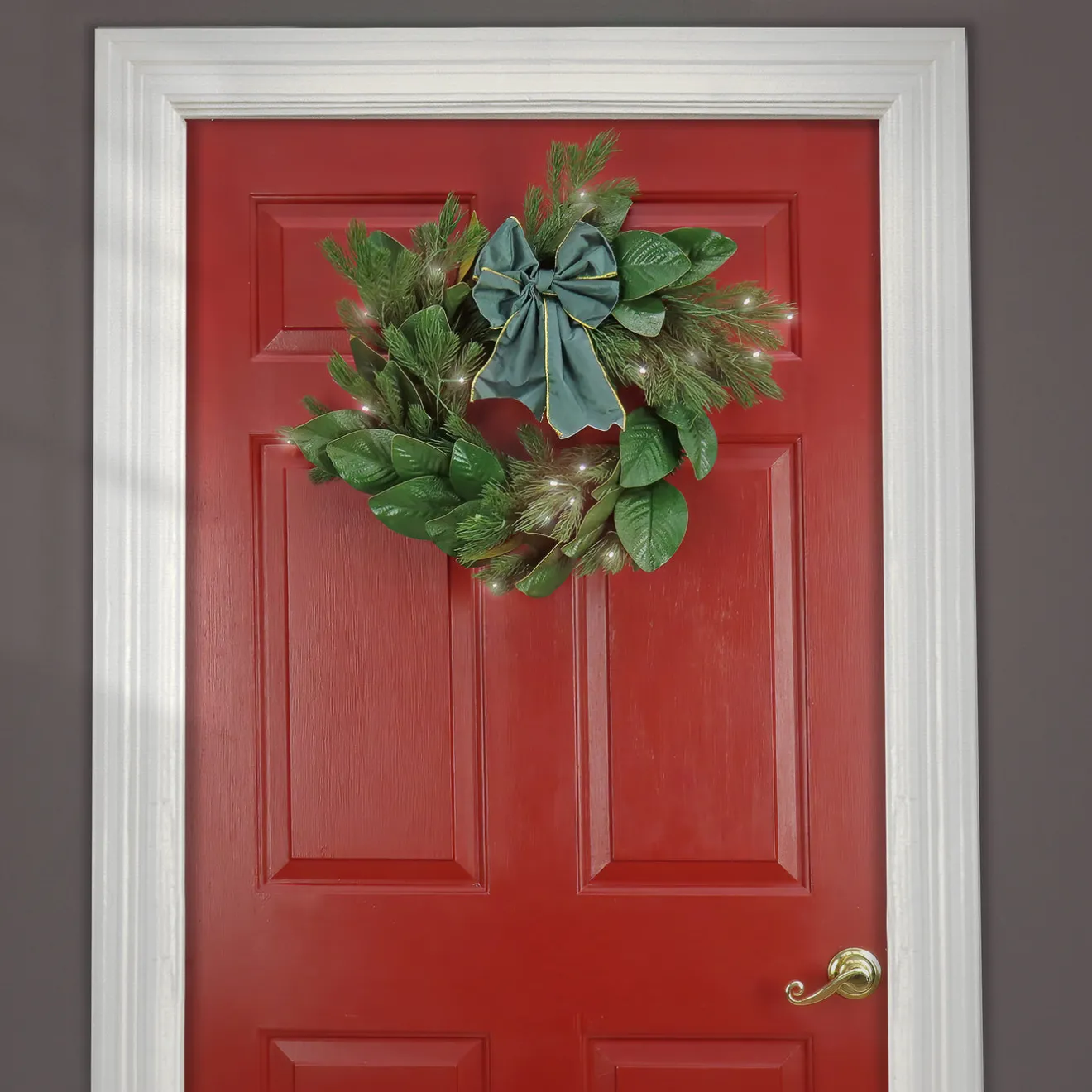 Discount 24 in. Pre-Lit Magnolia Mix Pine Wreath with Warm White LED Lights Pre-Lit Christmas Wreaths|21-24 Inch Christmas Wreaths