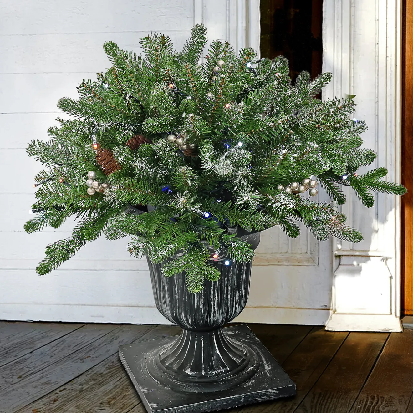 Outlet 24 in. Pre-Lit Snowy Morgan Spruce Porch Bush with Twinkly LED Lights Topiaries Arrangements