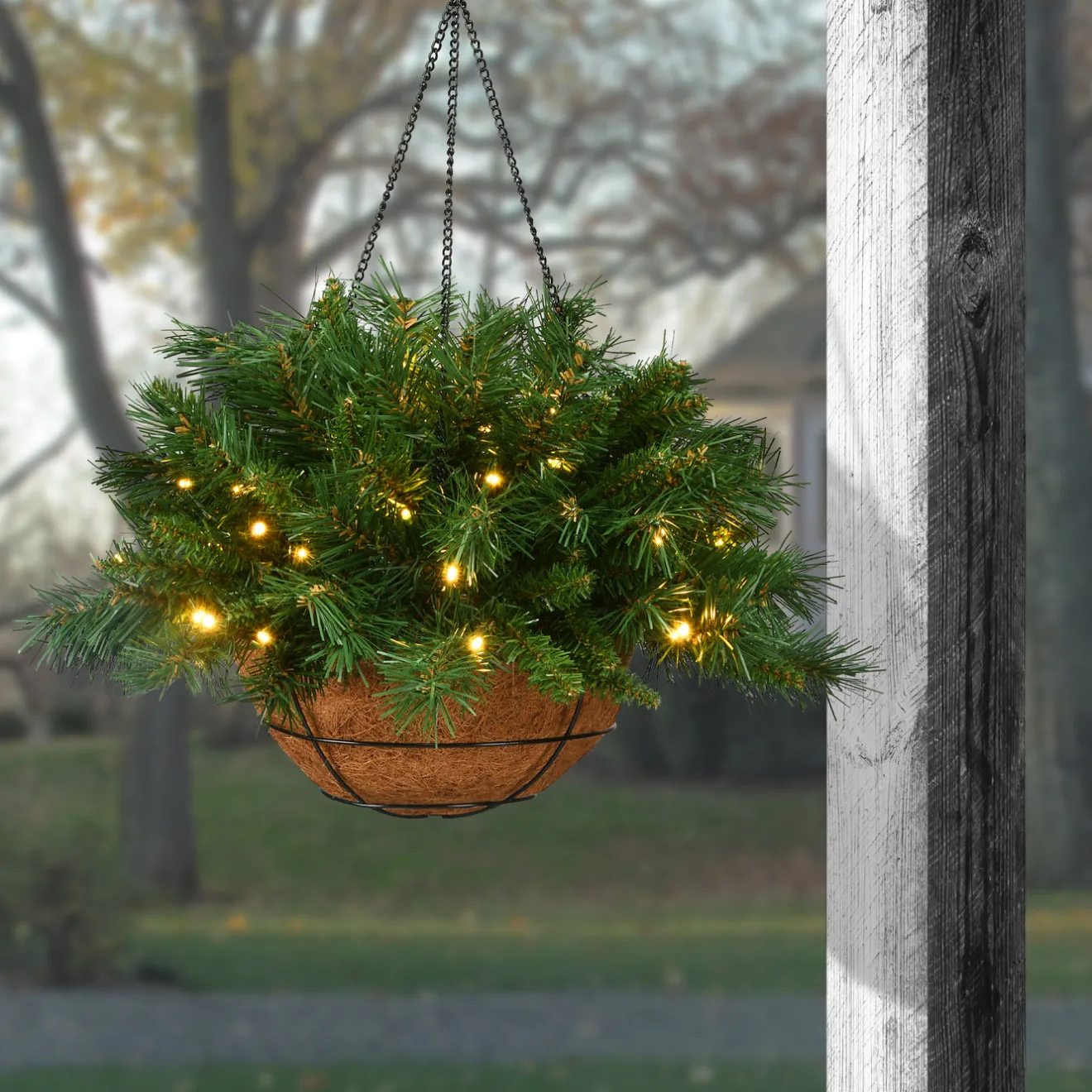 Outlet 20 in. Pre-Lit Tiffany Fir Hanging Basket with Warm White LED Lights Hanging Baskets