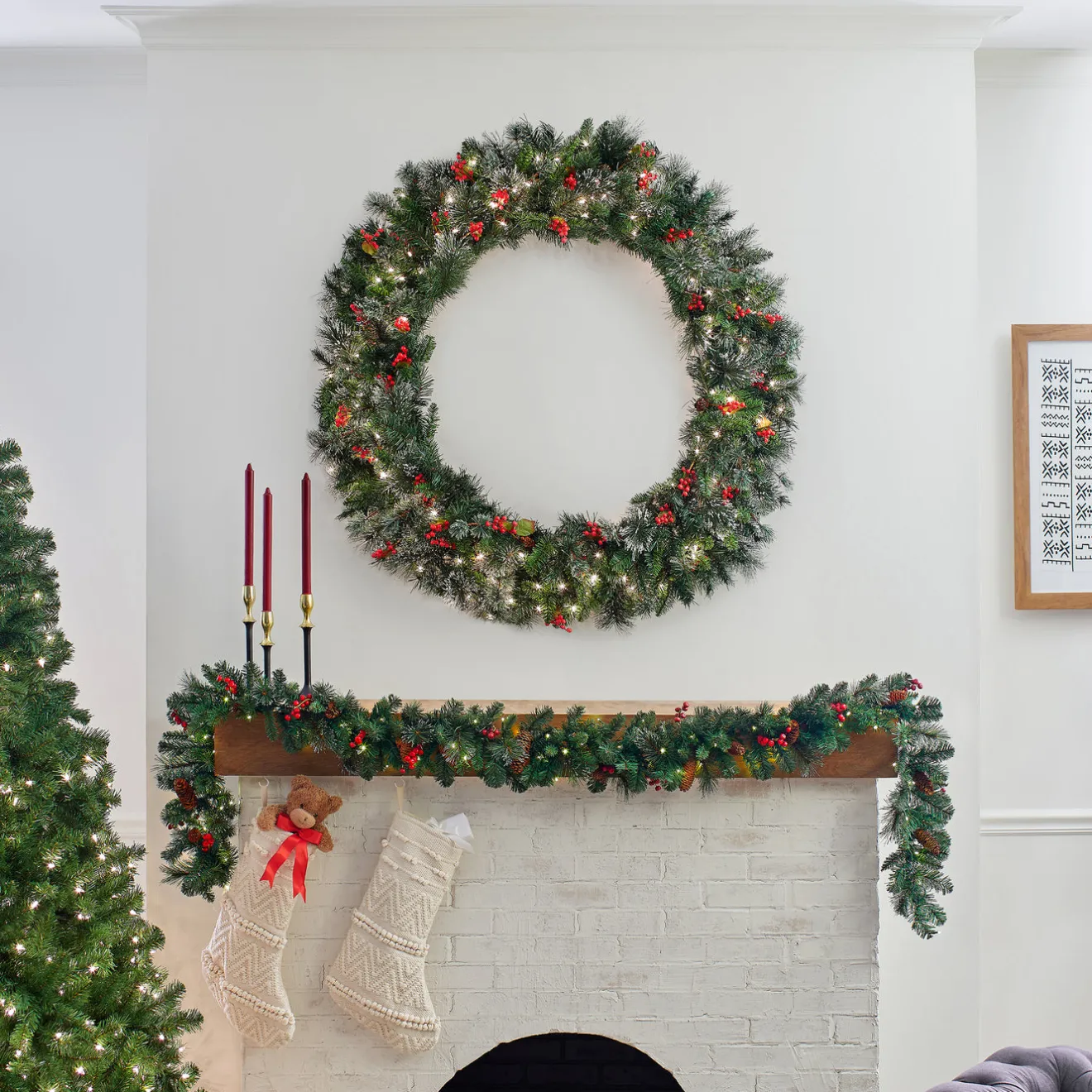Sale 48 in. Pre-Lit Wintry Pine Wreath with Clear Lights Pre-Lit Christmas Wreaths|37-60 Inch Christmas Wreaths