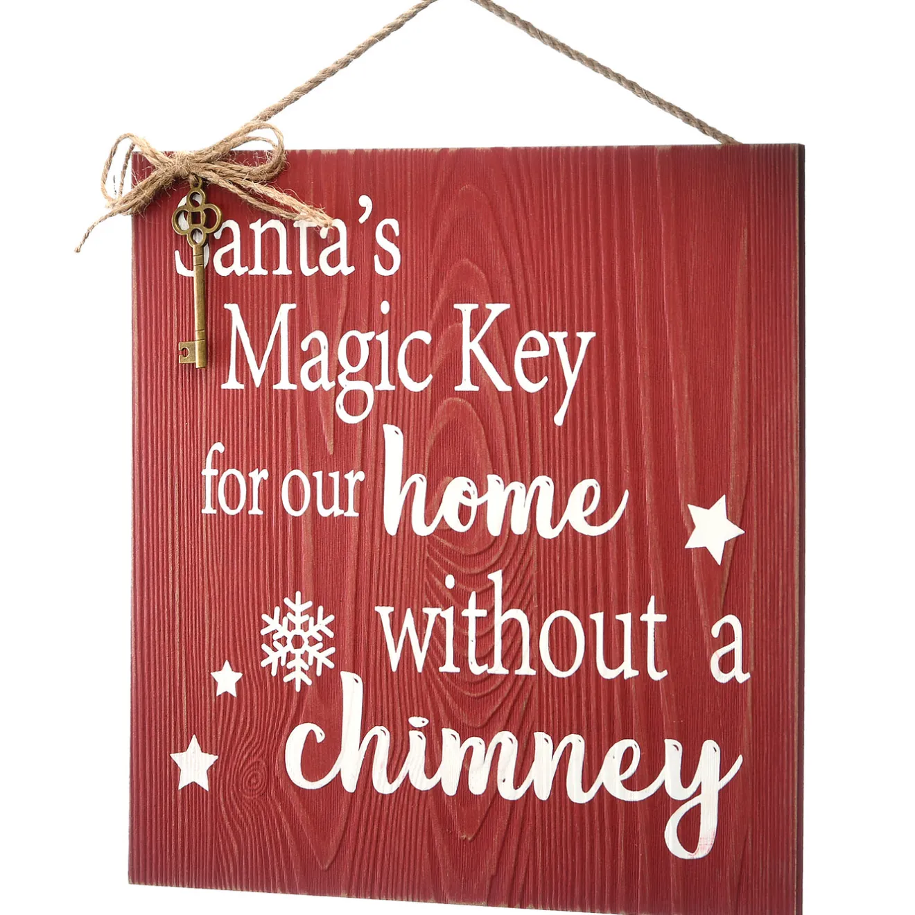 Outlet 10 in. Santa's Key Door Christmas Sign, Red with White Lettering and Decorative Ornate Key, Stars and Snowflakes Decorative Accents