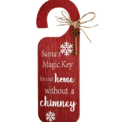 Sale 12 in. Santa's Key Doorknob Christmas Sign, Red with White Lettering and Decorative Ornate Key, Snowflakes Decorative Accents