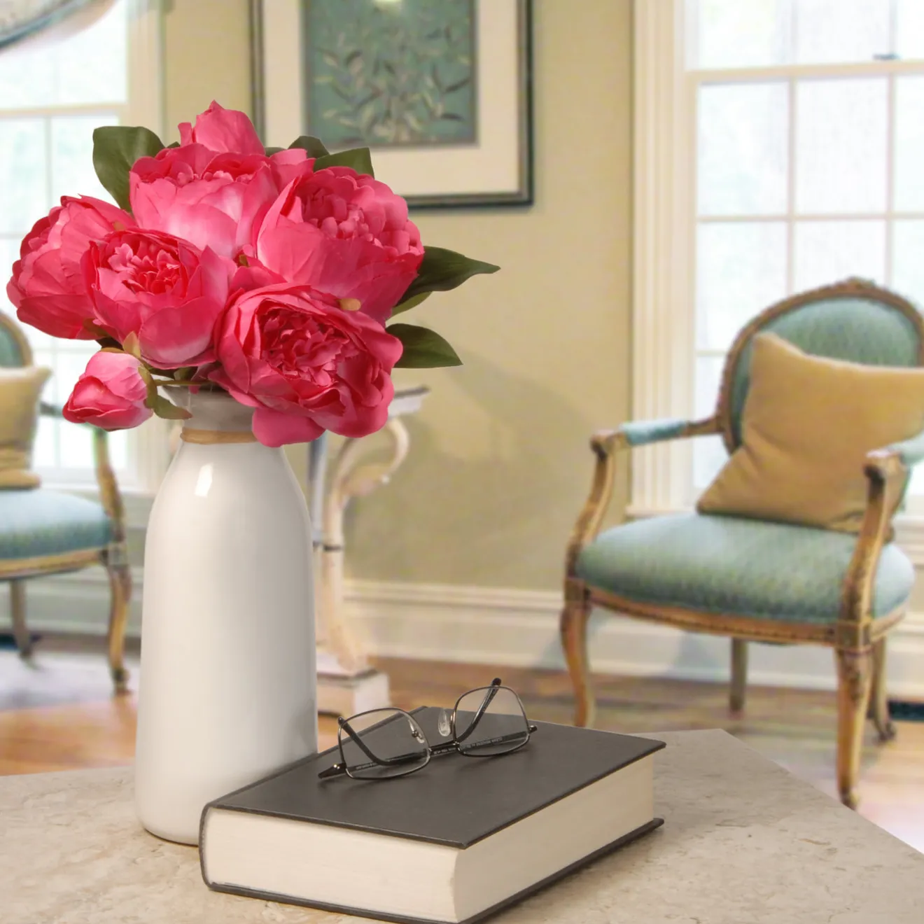 Online 14 in. Spring Floral Bouquet with Bright Pink Peony Blooms, Leafy Greens Flower Arrangements