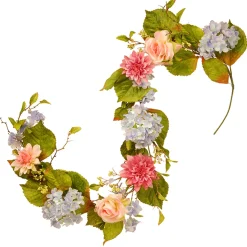 Best 70 in. Spring Garland with Multicolor Hydrangea, Rose and Dahlia Blooms, Berry Clusters, Leafy Greens Garlands & Swags