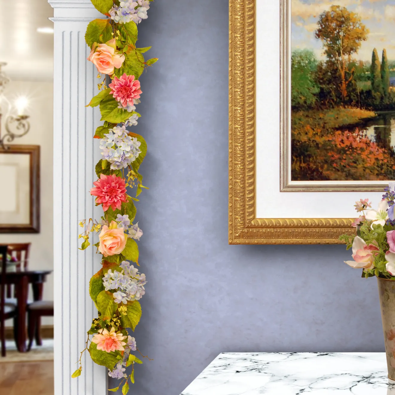 Best 70 in. Spring Garland with Multicolor Hydrangea, Rose and Dahlia Blooms, Berry Clusters, Leafy Greens Garlands & Swags