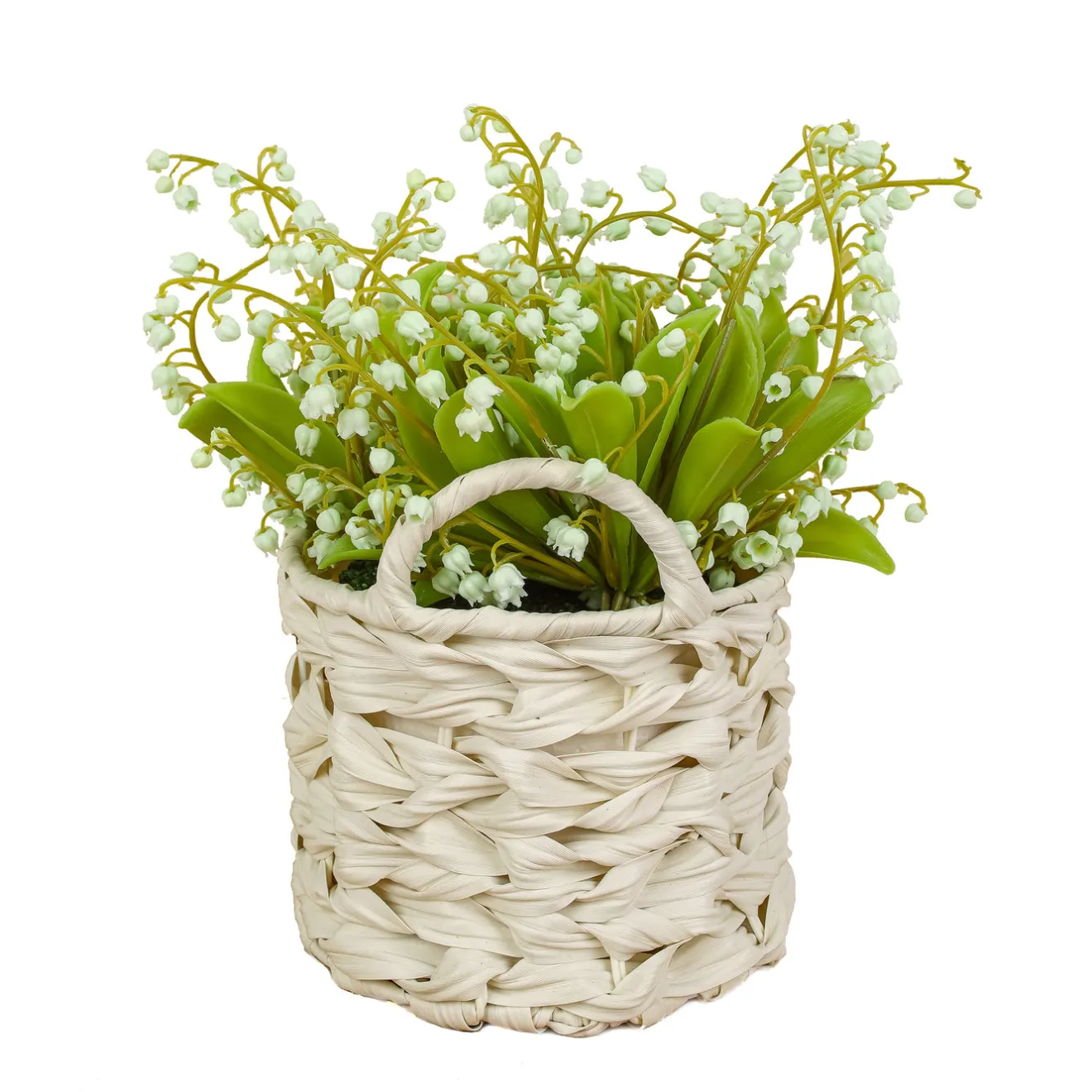Clearance 11 in. Spring Green Lily-of-the-Valley Flowers in White Basket Flower Arrangements