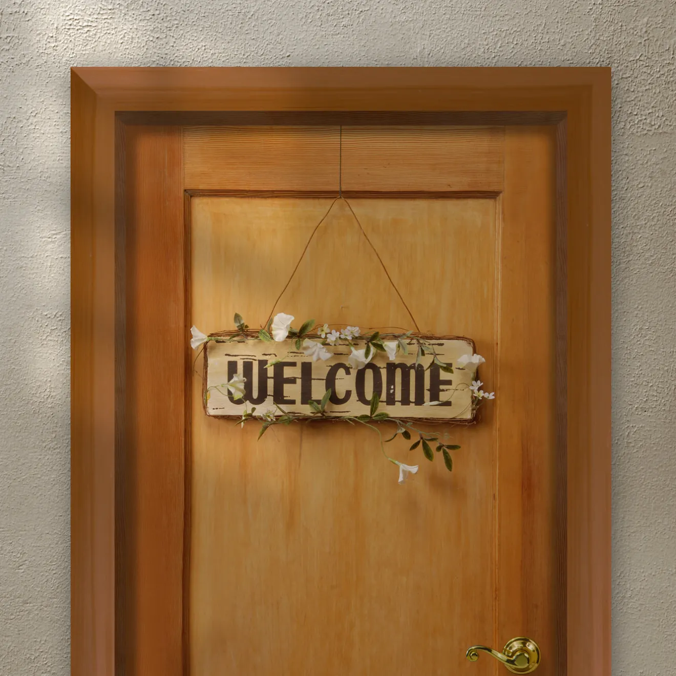 Sale 21 in. Spring Hanging Welcome Sign, Lightweight Wooden Construction with Leafy Vine Trim Decorative Accents