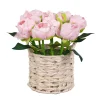 10 in. Spring Light Pink Peony Flower Bouquet in White Basket Flower Arrangements