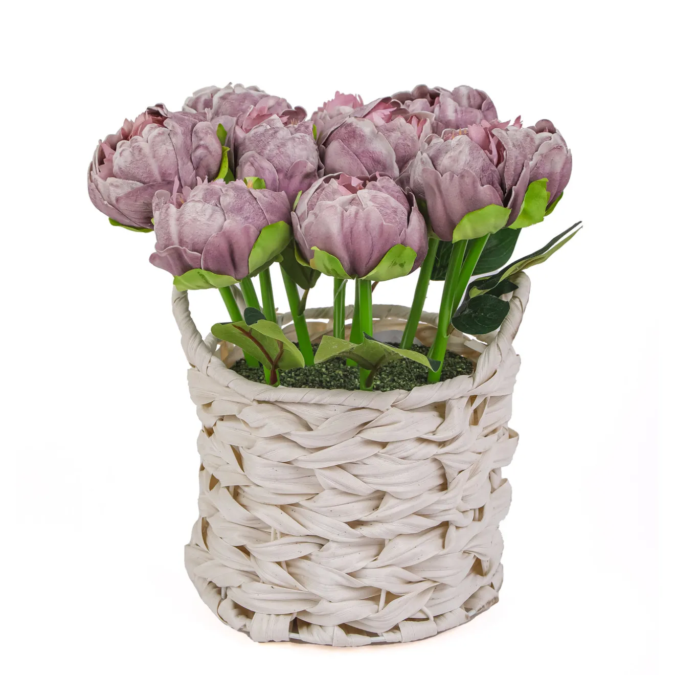 Best 10 in. Spring Light Purple Peony Flower Bouquet in White Basket Flower Arrangements