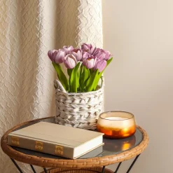 Clearance 10 in. Spring Mauve Tulip Bouquet in White Basket Flower Arrangements