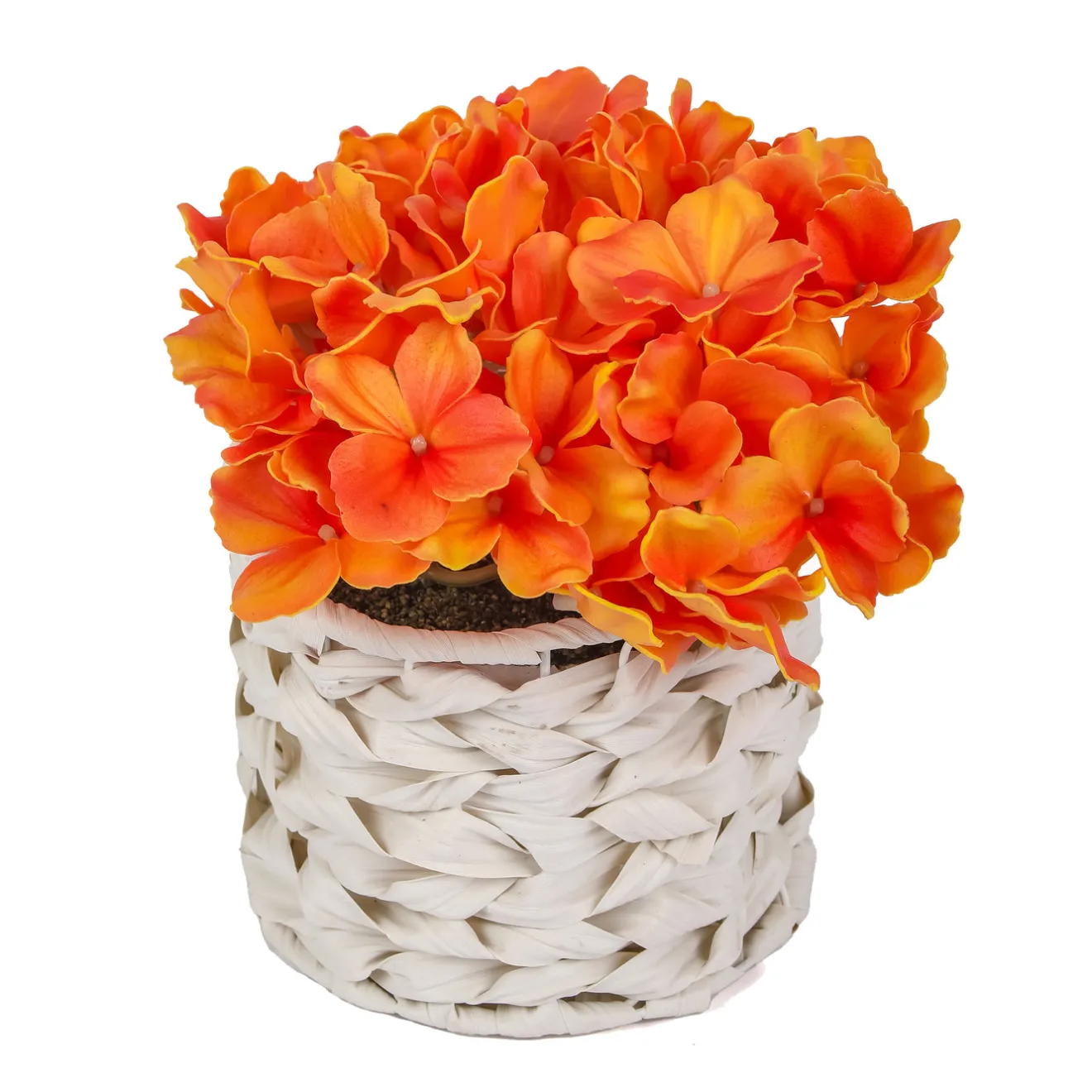 Discount 10 in. Spring Orange Hydrangea Bouquet in White Basket Flower Arrangements