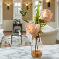 New 13 in. Spring Peach Roses Flower Bouquet in Glass Vase with Leafy Greens Flower Arrangements