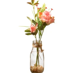 Discount 12 in. Spring Pink Roses Flower Bouquet in Glass Vase with Leafy Greens Flower Arrangements