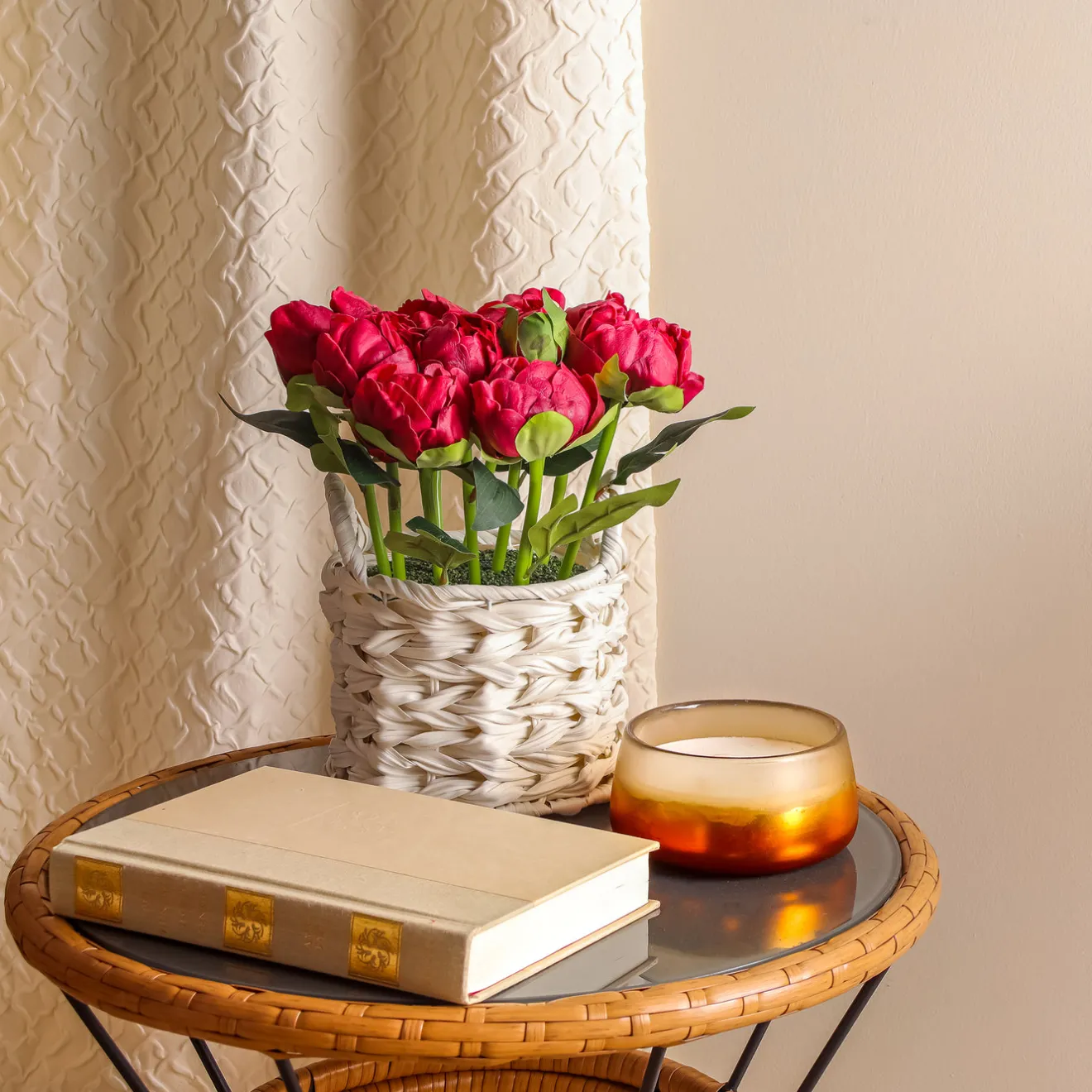 Outlet 10 in. Spring Red Peony Flower Bouquet in White Basket Flower Arrangements