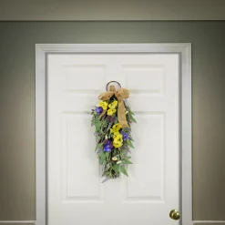 Discount 26 in. Spring Teardrop Wall Hanging Decoration with Pansy Blooms, Lavender, Assorted Blossoms, Flowing Green Stems Wreaths