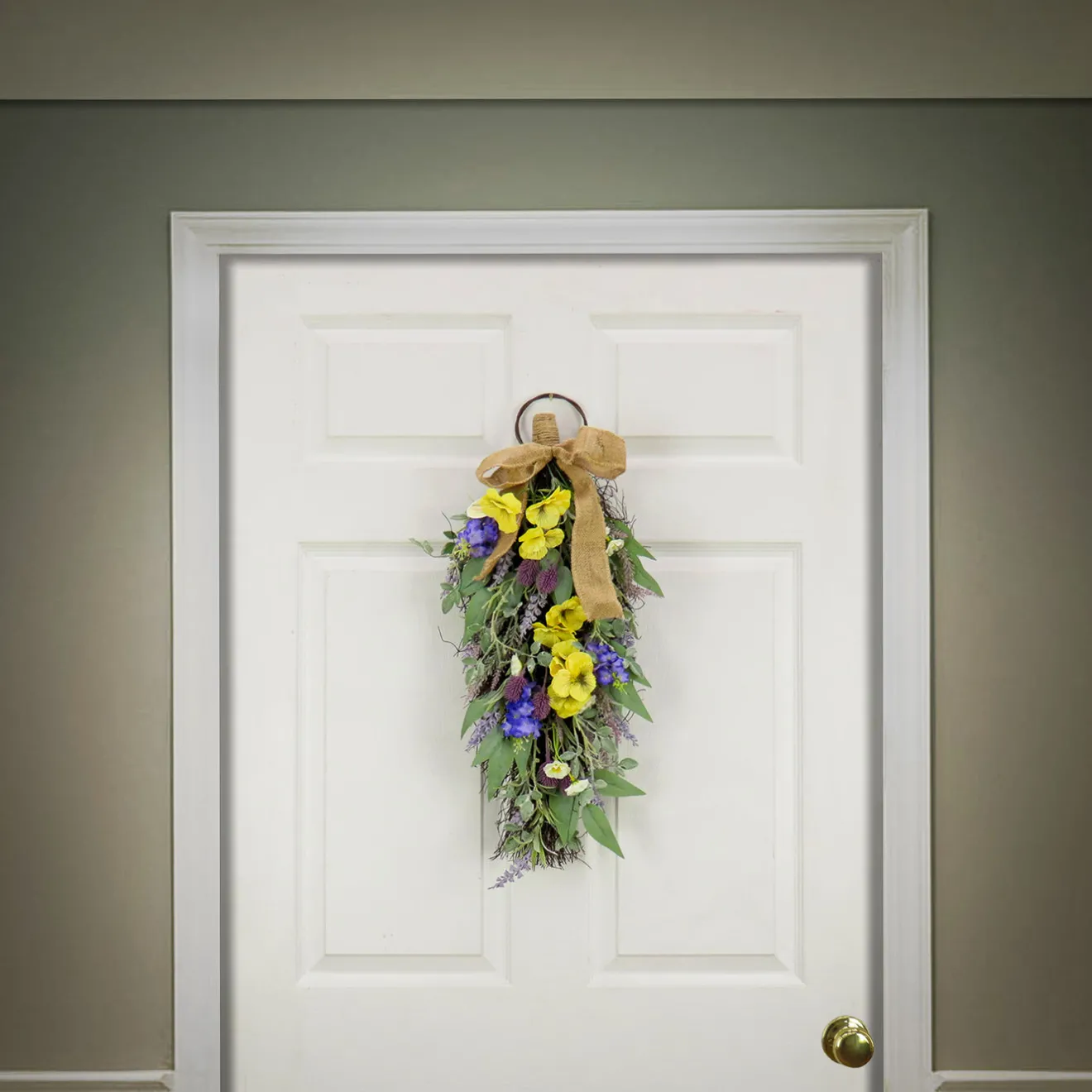 Discount 26 in. Spring Teardrop Wall Hanging Decoration with Pansy Blooms, Lavender, Assorted Blossoms, Flowing Green Stems Wreaths